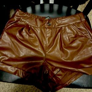 SINCERELY JULES FAUX LEATHER RICH BROWN SHORTS WITH CUFF. 3 1/2” INSEAM.